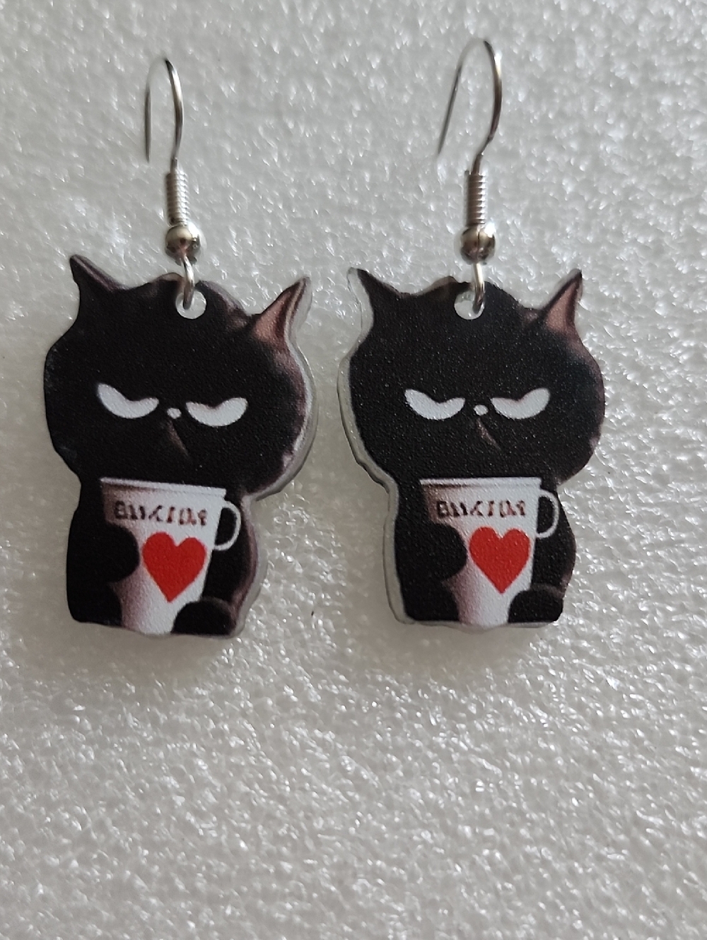 Hand Crafted Black Cat Earrings with Red Heart Mug